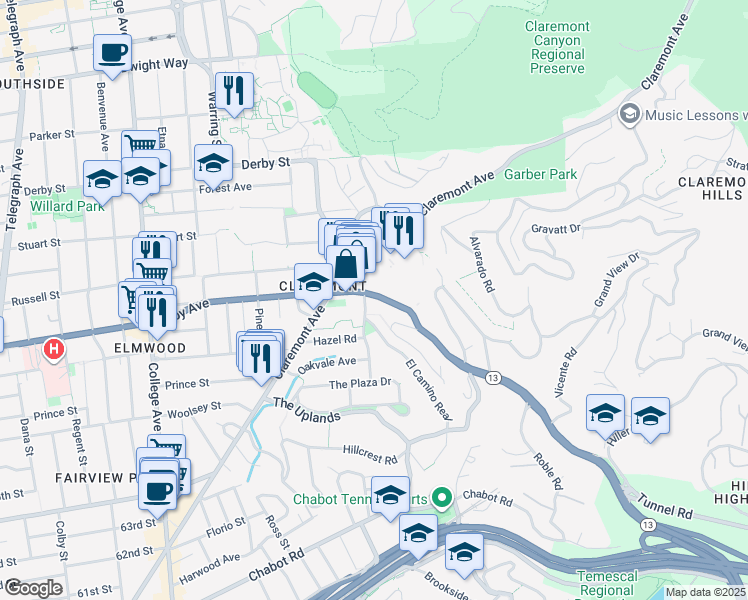 map of restaurants, bars, coffee shops, grocery stores, and more near 2 Tunnel Road in Berkeley