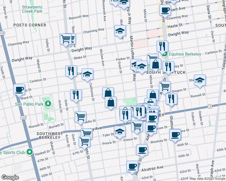 map of restaurants, bars, coffee shops, grocery stores, and more near 1732 Ward Street in Berkeley