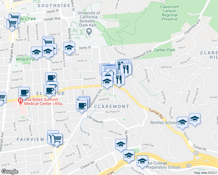 map of restaurants, bars, coffee shops, grocery stores, and more near 2936 Domingo Avenue in Berkeley