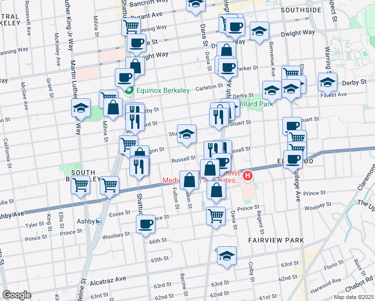 map of restaurants, bars, coffee shops, grocery stores, and more near 2241 Russell Street in Berkeley