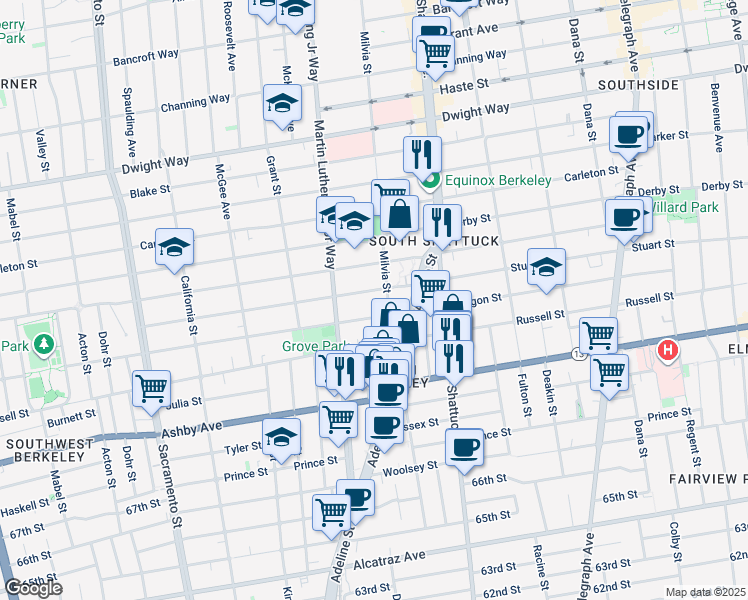 map of restaurants, bars, coffee shops, grocery stores, and more near 2738 Milvia Street in Berkeley