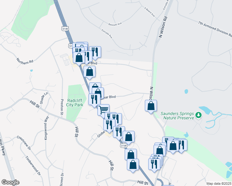 map of restaurants, bars, coffee shops, grocery stores, and more near 212 Oak Ridge Drive in Radcliff