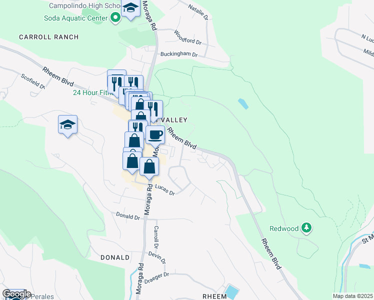 map of restaurants, bars, coffee shops, grocery stores, and more near 427 Chalda Way in Moraga