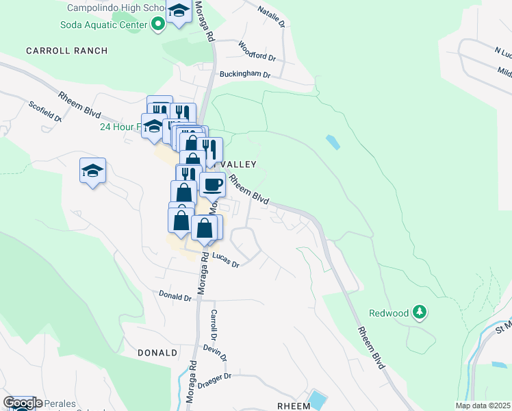 map of restaurants, bars, coffee shops, grocery stores, and more near 427 Chalda Way in Moraga