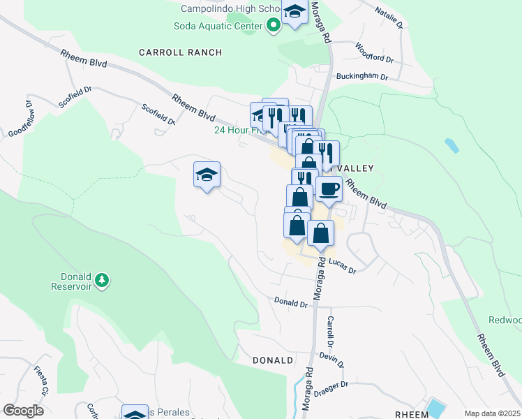 map of restaurants, bars, coffee shops, grocery stores, and more near 2009 Ascot Drive in Moraga