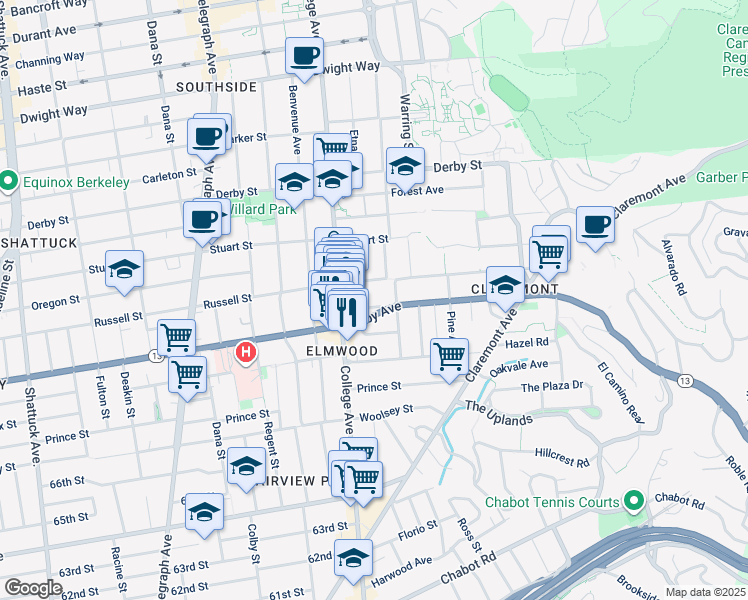 map of restaurants, bars, coffee shops, grocery stores, and more near 2736 Russell Street in Berkeley
