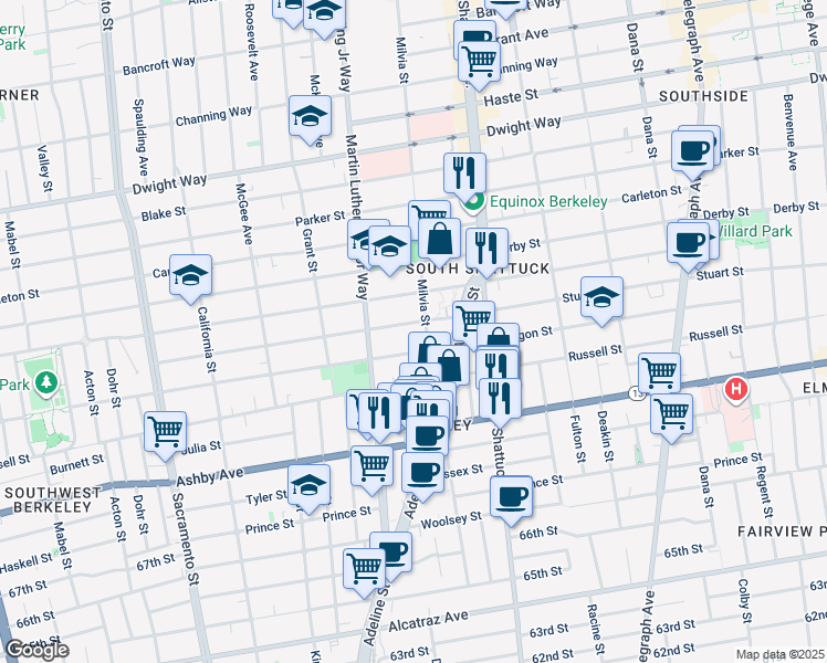 map of restaurants, bars, coffee shops, grocery stores, and more near 2738 Milvia Street in Berkeley