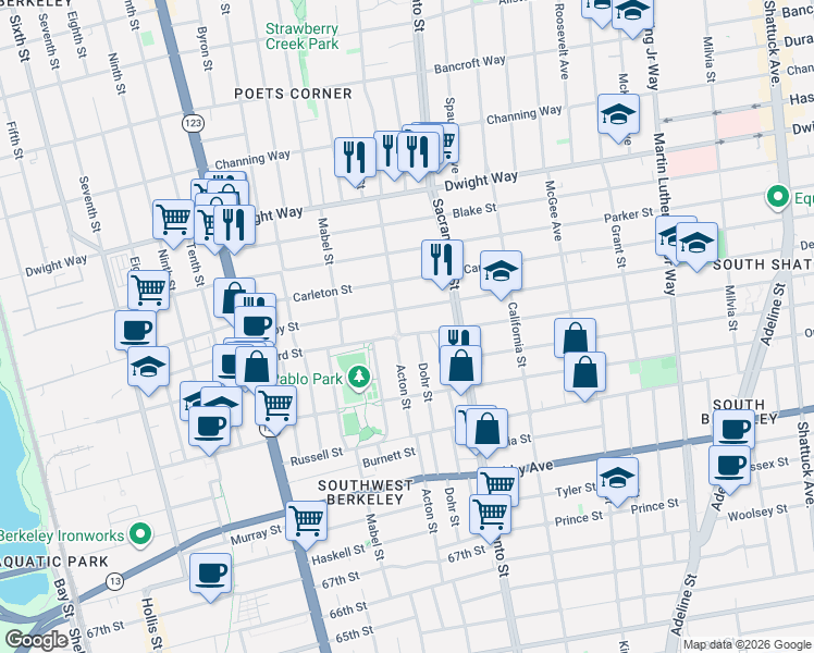 map of restaurants, bars, coffee shops, grocery stores, and more near 1416 Derby Street in Berkeley