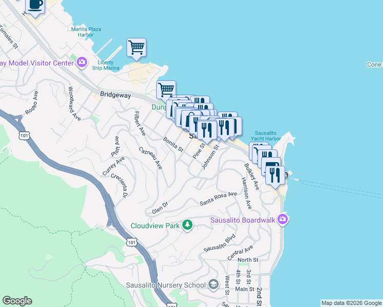 map of restaurants, bars, coffee shops, grocery stores, and more near 426 Turney Street in Sausalito