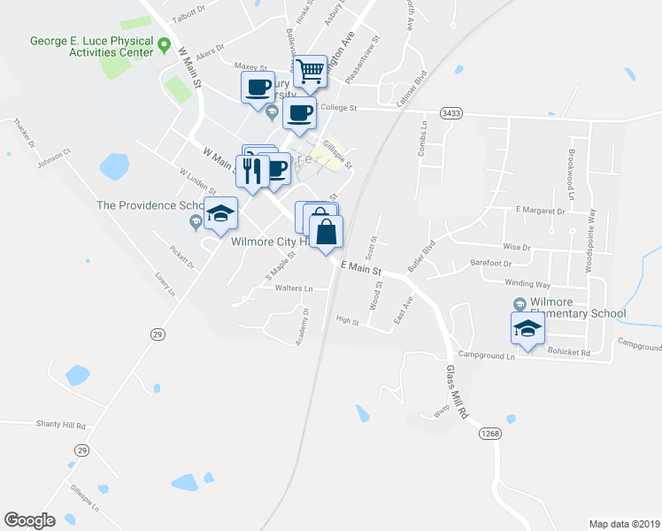 map of restaurants, bars, coffee shops, grocery stores, and more near 329 East Main Street in Wilmore