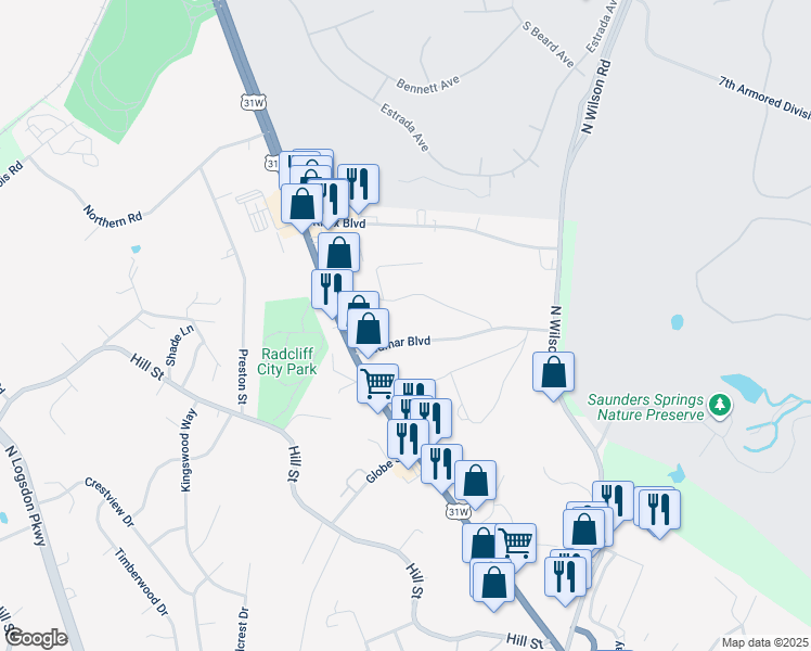 map of restaurants, bars, coffee shops, grocery stores, and more near 264 Oak Ridge Drive in Radcliff