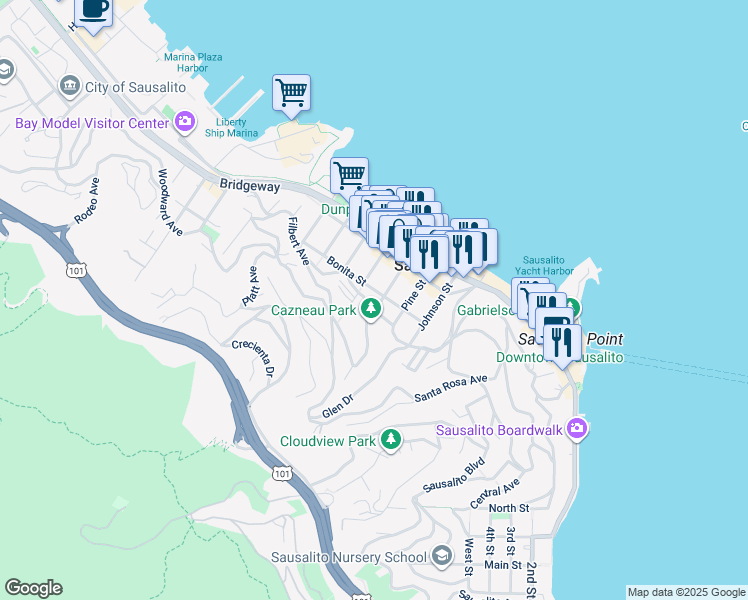 map of restaurants, bars, coffee shops, grocery stores, and more near 506 Turney Street in Sausalito