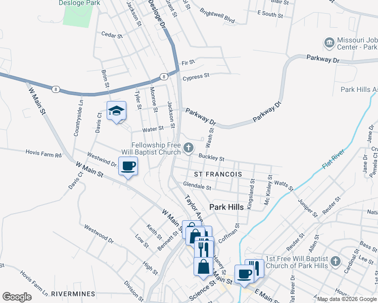map of restaurants, bars, coffee shops, grocery stores, and more near 600 Buckley Street in Park Hills