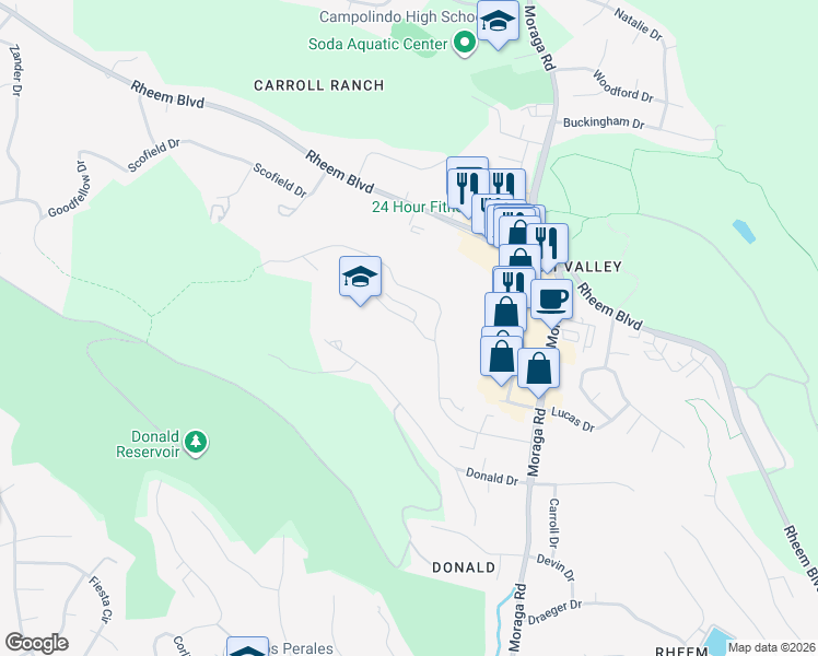map of restaurants, bars, coffee shops, grocery stores, and more near 120 Ascot Court in Moraga