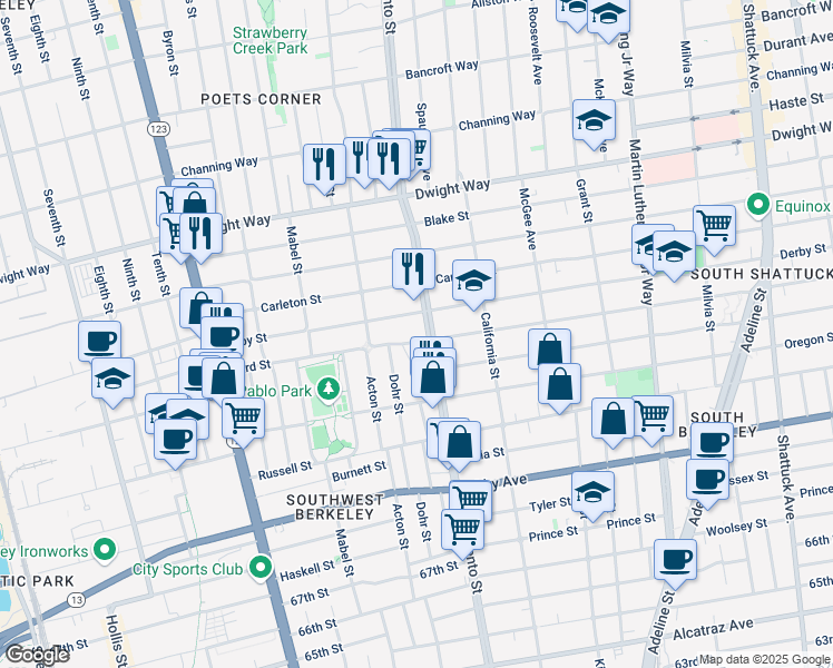 map of restaurants, bars, coffee shops, grocery stores, and more near 2704 Sacramento Street in Berkeley