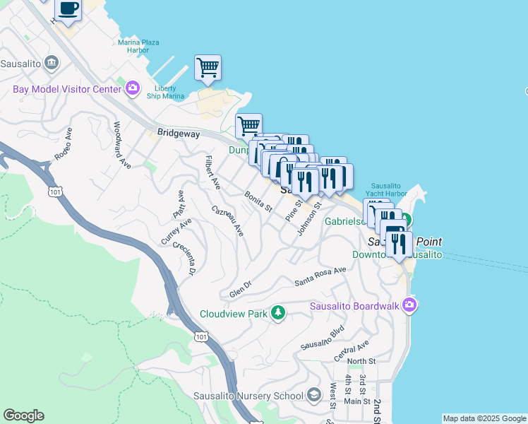 map of restaurants, bars, coffee shops, grocery stores, and more near 426 Turney Street in Sausalito