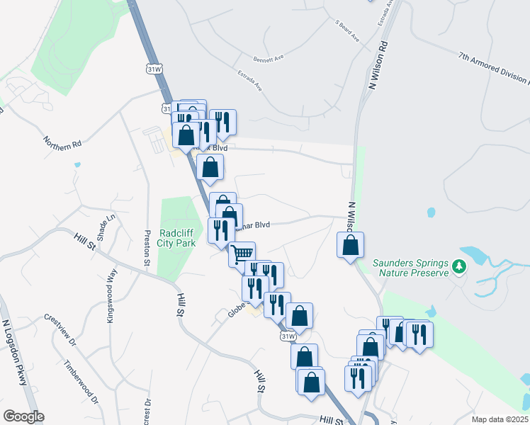 map of restaurants, bars, coffee shops, grocery stores, and more near 264 Oak Ridge Drive in Radcliff