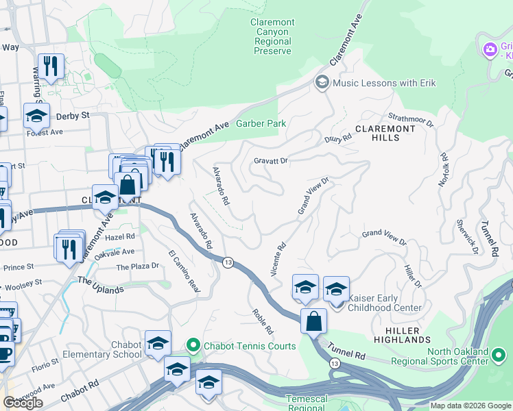map of restaurants, bars, coffee shops, grocery stores, and more near 260 Alvarado Road in Berkeley