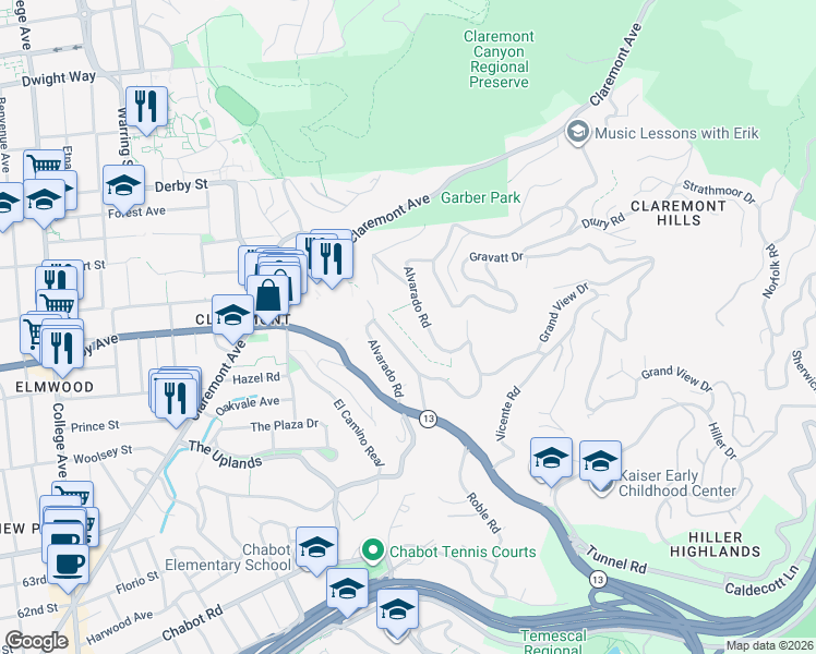 map of restaurants, bars, coffee shops, grocery stores, and more near 44 Eucalyptus Path in Berkeley