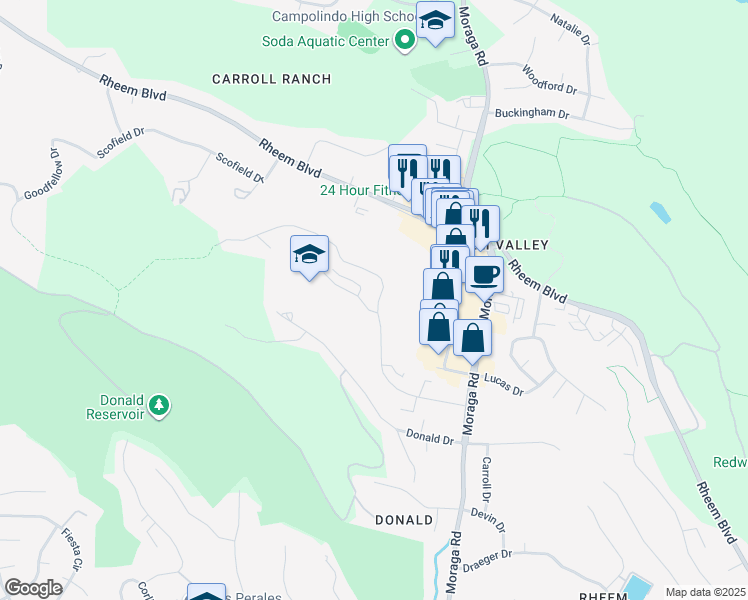 map of restaurants, bars, coffee shops, grocery stores, and more near 2022 Ascot Drive in Moraga