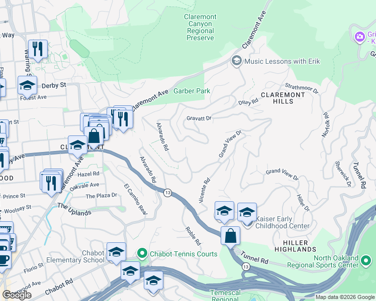 map of restaurants, bars, coffee shops, grocery stores, and more near 260 Alvarado Road in Berkeley