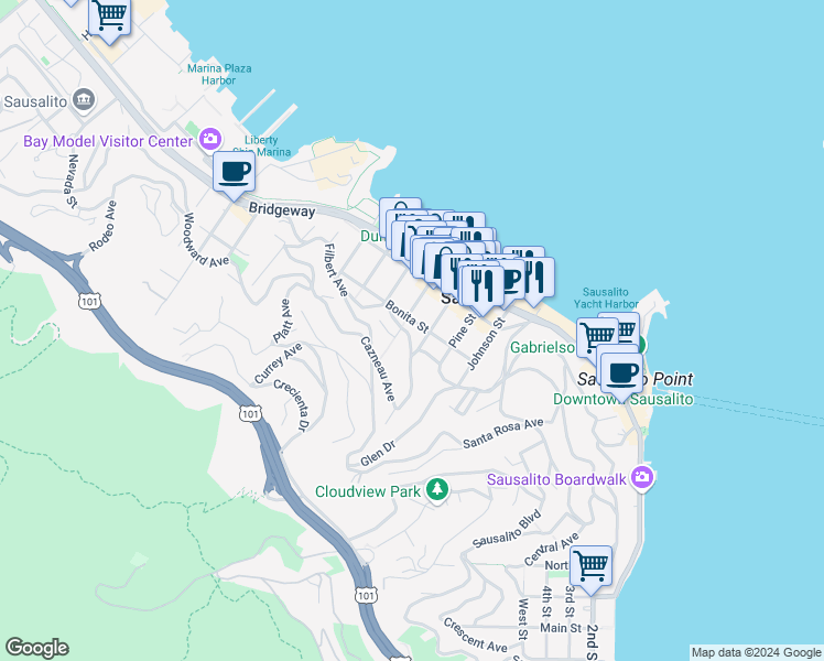 map of restaurants, bars, coffee shops, grocery stores, and more near 305 Bonita Street in Sausalito