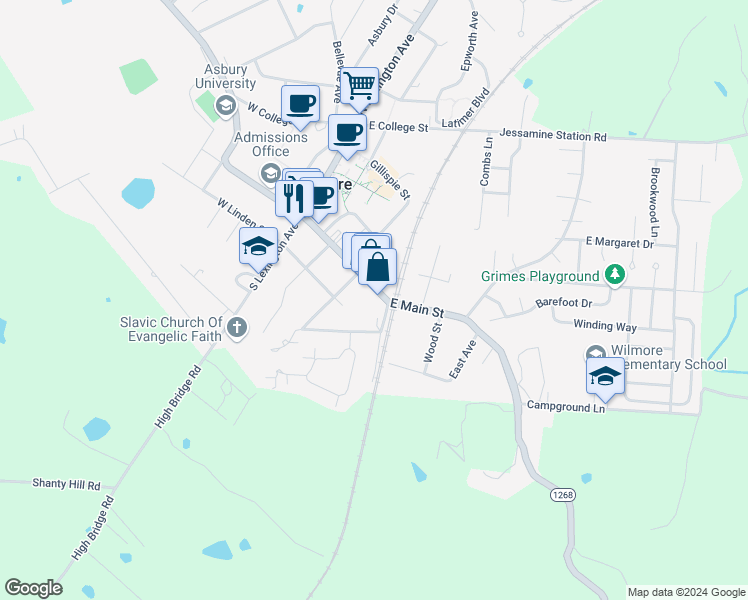 map of restaurants, bars, coffee shops, grocery stores, and more near 304 East Main Street in Wilmore