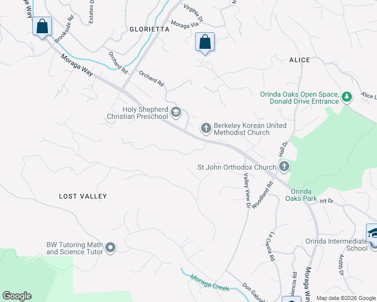 map of restaurants, bars, coffee shops, grocery stores, and more near 14 Oak Drive in Orinda