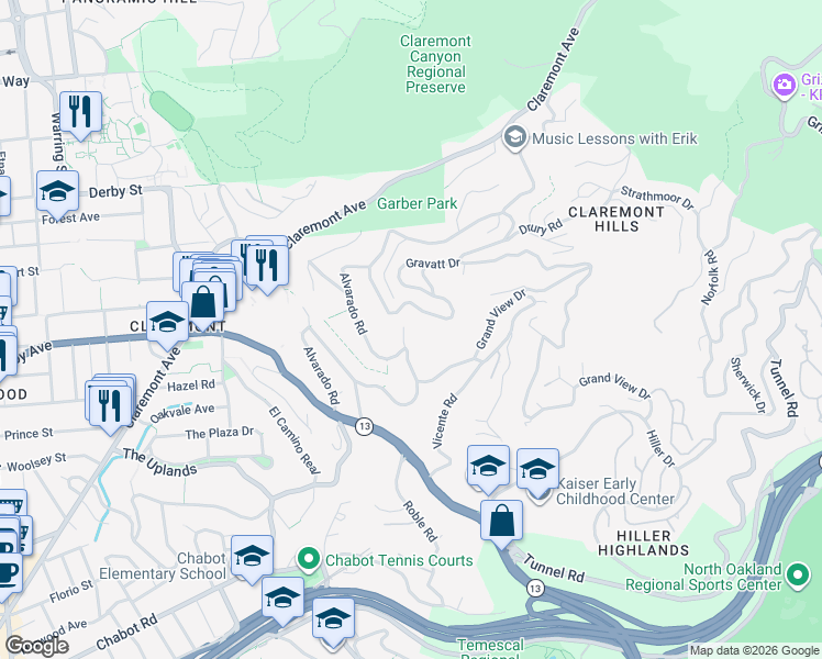 map of restaurants, bars, coffee shops, grocery stores, and more near 262 Alvarado Road in Berkeley