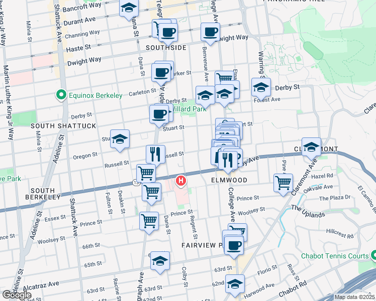 map of restaurants, bars, coffee shops, grocery stores, and more near 2834 Hillegass Avenue in Berkeley