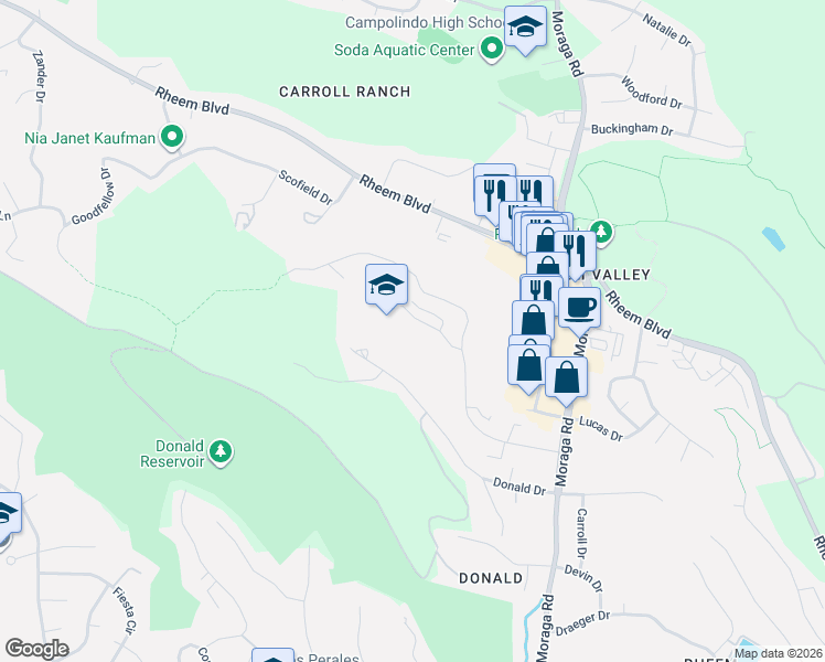 map of restaurants, bars, coffee shops, grocery stores, and more near 125 Ascot Court in Moraga
