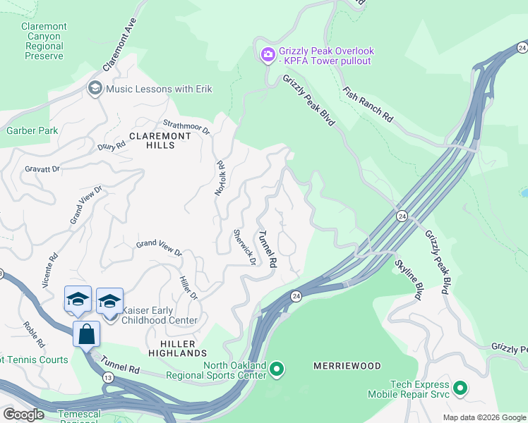 map of restaurants, bars, coffee shops, grocery stores, and more near 260 Caldecott Lane in Oakland