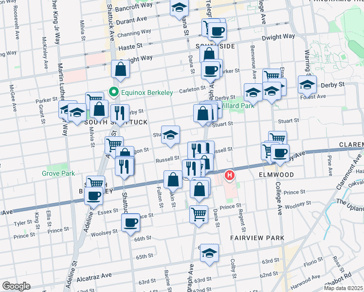 map of restaurants, bars, coffee shops, grocery stores, and more near 2247 Oregon Street in Berkeley