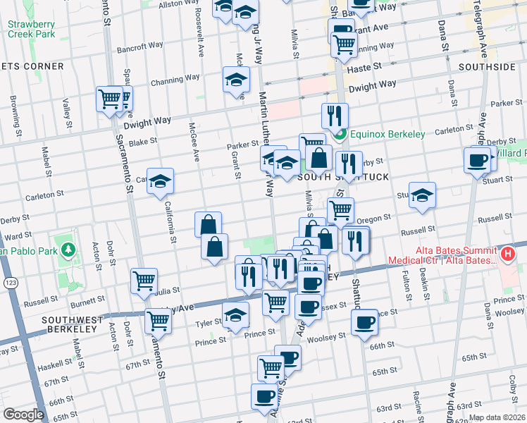 map of restaurants, bars, coffee shops, grocery stores, and more near 1820 Ward Street in Berkeley
