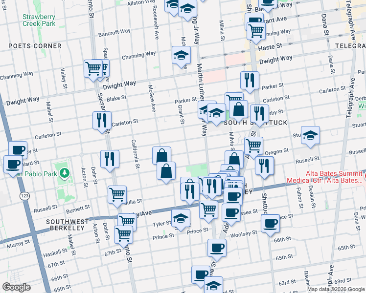 map of restaurants, bars, coffee shops, grocery stores, and more near 1732 Ward Street in Berkeley