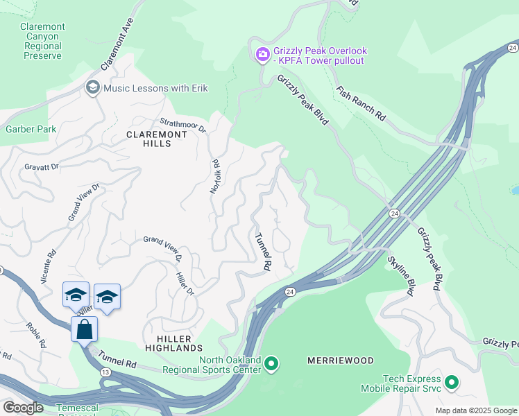 map of restaurants, bars, coffee shops, grocery stores, and more near 2 Tunnel Road in Berkeley