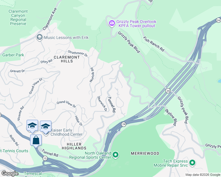 map of restaurants, bars, coffee shops, grocery stores, and more near 260 Caldecott Lane in Oakland