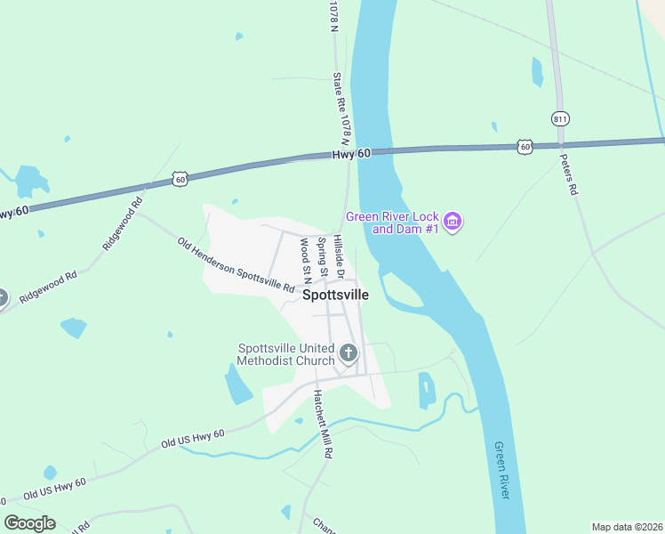 map of restaurants, bars, coffee shops, grocery stores, and more near 2100-2198 Hillside Drive in Spottsville