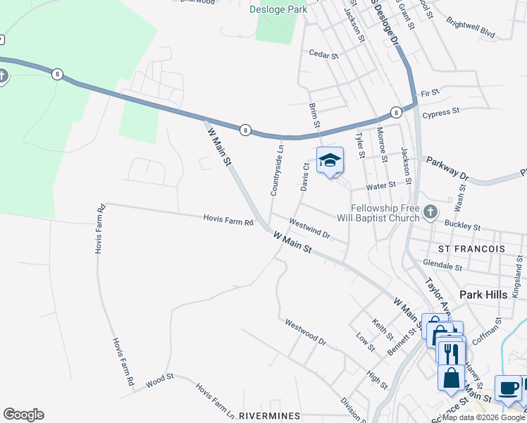 map of restaurants, bars, coffee shops, grocery stores, and more near 904 Westwind Drive in Park Hills