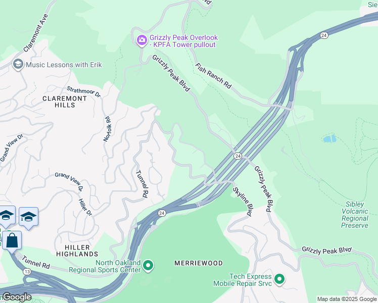 map of restaurants, bars, coffee shops, grocery stores, and more near 65 Bay Forest Drive in Oakland