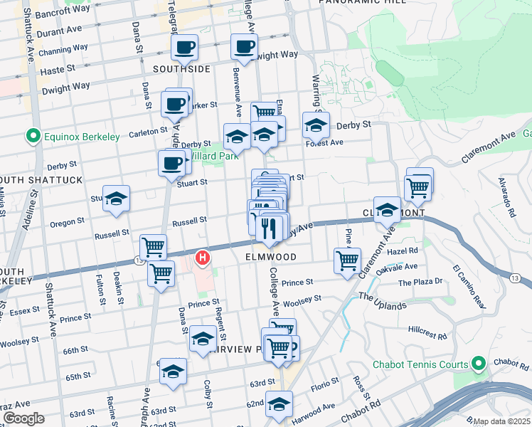 map of restaurants, bars, coffee shops, grocery stores, and more near 2900 College Avenue in Berkeley