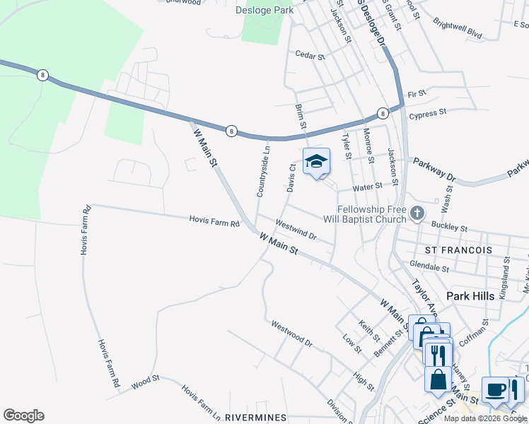 map of restaurants, bars, coffee shops, grocery stores, and more near 904 Westwind Drive in Park Hills
