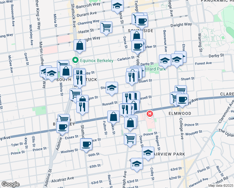 map of restaurants, bars, coffee shops, grocery stores, and more near Oregon Street & Ellsworth Street in Berkeley