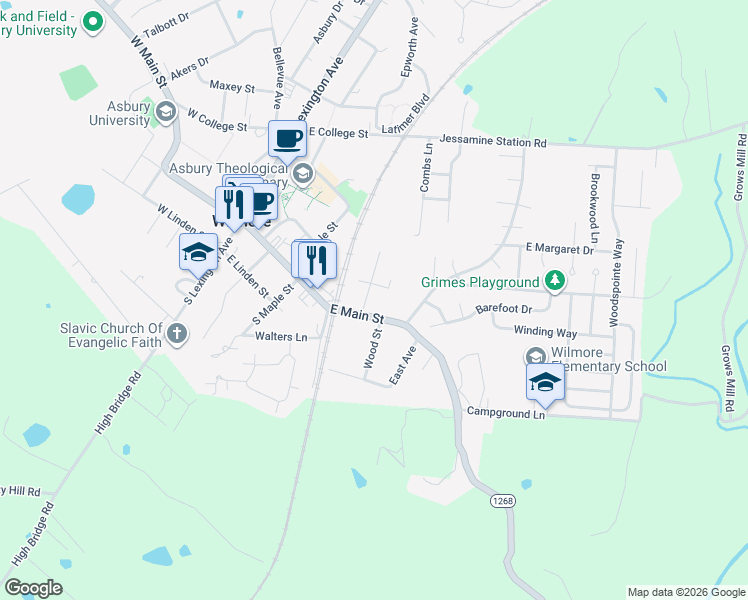map of restaurants, bars, coffee shops, grocery stores, and more near 106 Scott Street in Wilmore