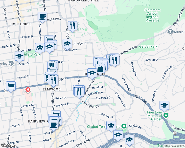 map of restaurants, bars, coffee shops, grocery stores, and more near 2912 Claremont Avenue in Berkeley