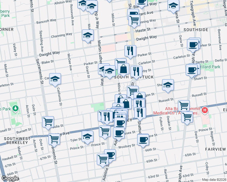 map of restaurants, bars, coffee shops, grocery stores, and more near 2738 Milvia Street in Berkeley