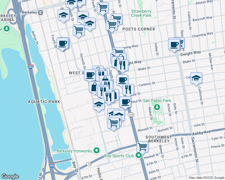 map of restaurants, bars, coffee shops, grocery stores, and more near 2600-2698 Tenth Street in Berkeley