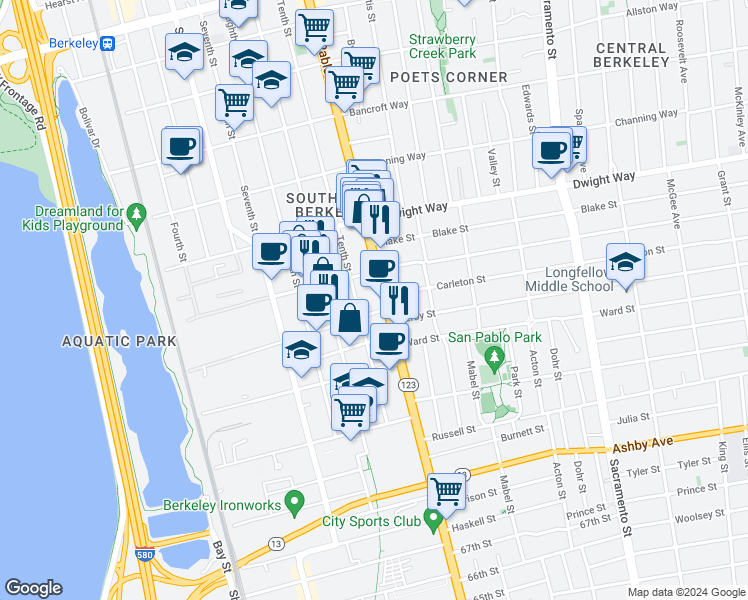 map of restaurants, bars, coffee shops, grocery stores, and more near 2622 San Pablo Avenue in Berkeley