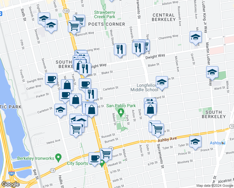 map of restaurants, bars, coffee shops, grocery stores, and more near 1303 Derby Street in Berkeley