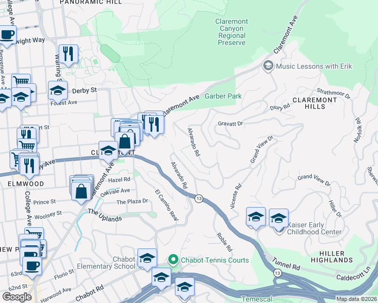 map of restaurants, bars, coffee shops, grocery stores, and more near 44 Eucalyptus Path in Berkeley